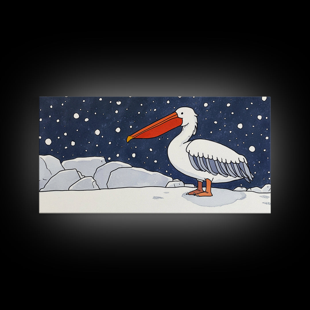 Snowy White Pelican On Ice Framed Canvas Print, Arctic Bird Wall Decor, Coastal Wall Art, Nursery Art, Gift For Her, Kids Room Decor