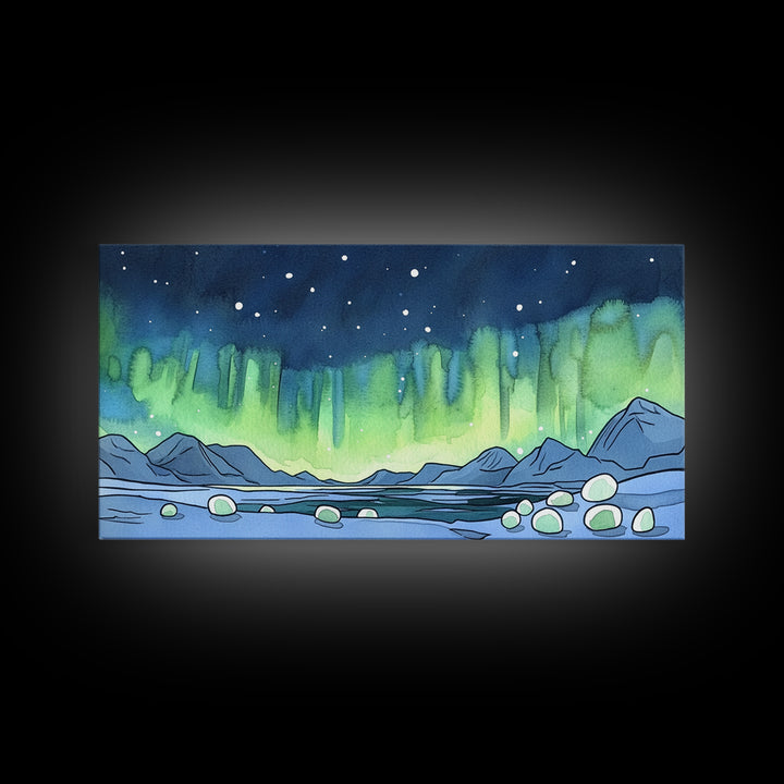 Northern Lights Over Arctic Mountains Wall Art, Aurora Landscape Print, Nature Wall Decor, Large Canvas Print, Office Decor