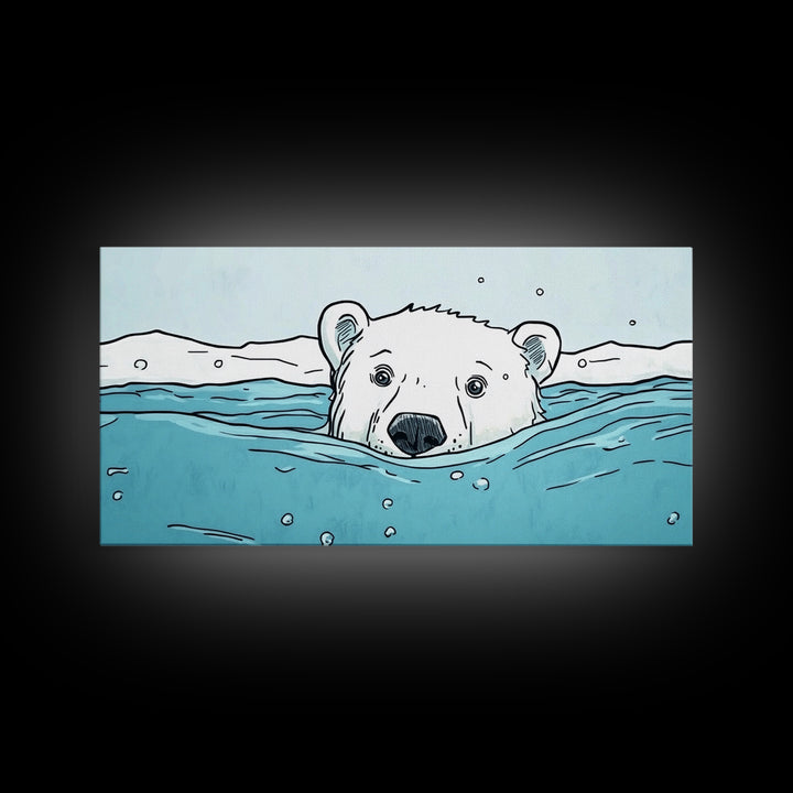 Polar Bear Swimming In Icy Water Wall Art, Arctic Animal Print, Nursery Wall Art, Kids Room Decor, Coastal Canvas Print Gift