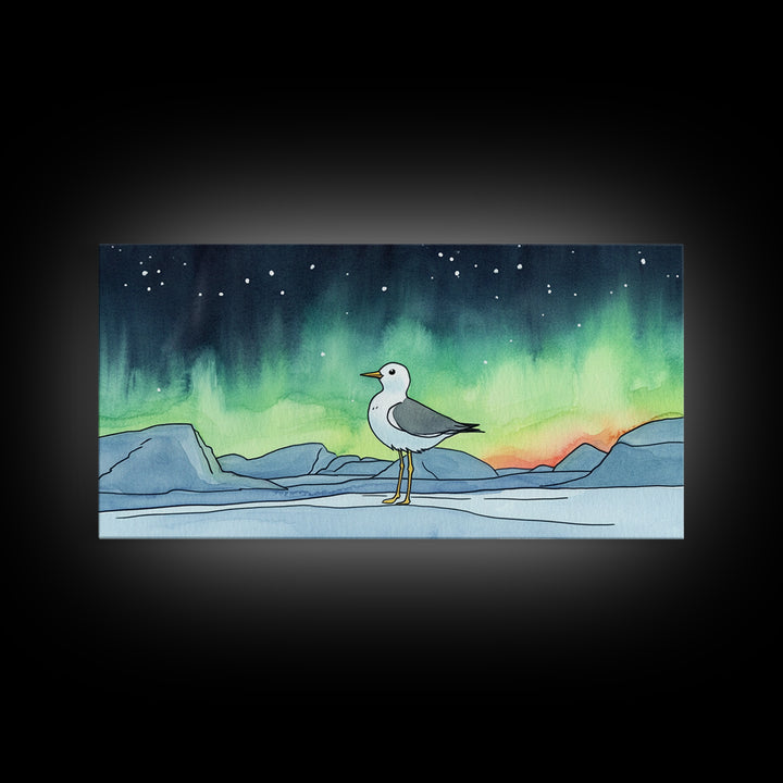 Arctic Seagull Under Aurora Sky Wall Art, Northern Lights Print, Coastal Bird Decor, Nature Wall Art, Framed Canvas Print