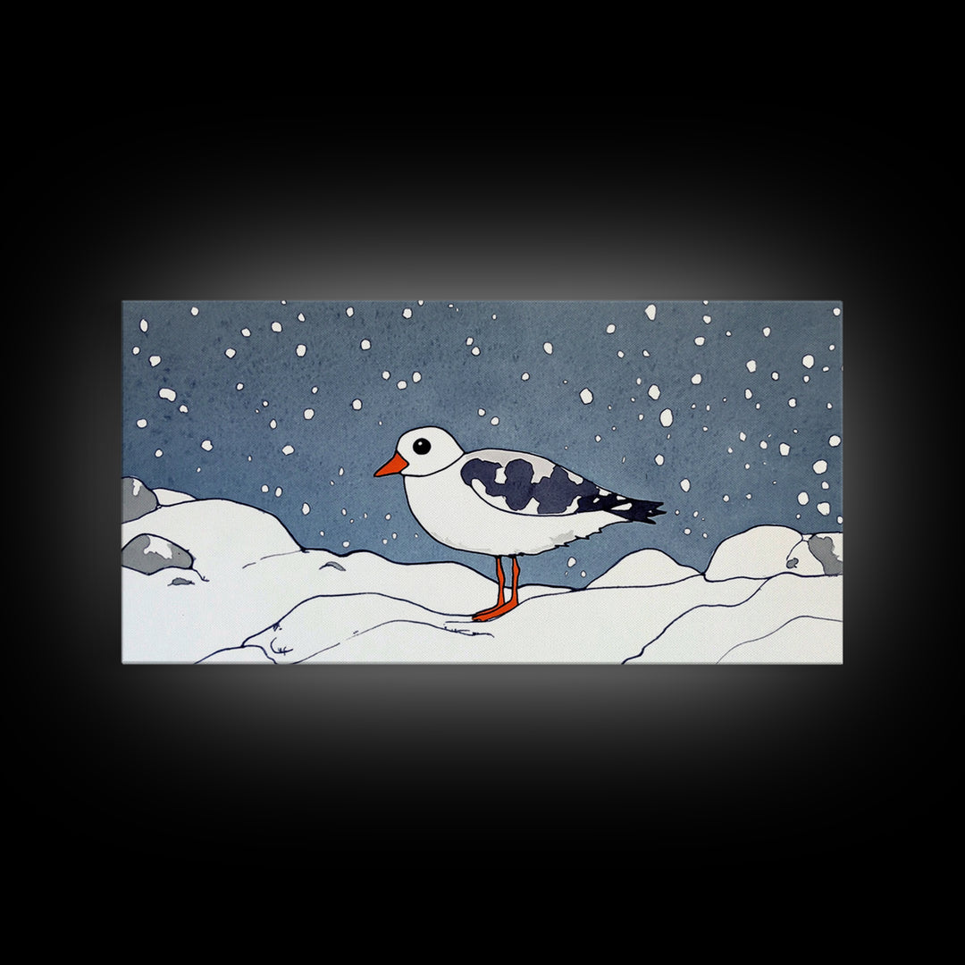 Snowy Arctic Shorebird In Winter Canvas Print, Bird Wall Art, Nursery Decor, Animal Wall Art, Minimalist Coastal Decor Gift