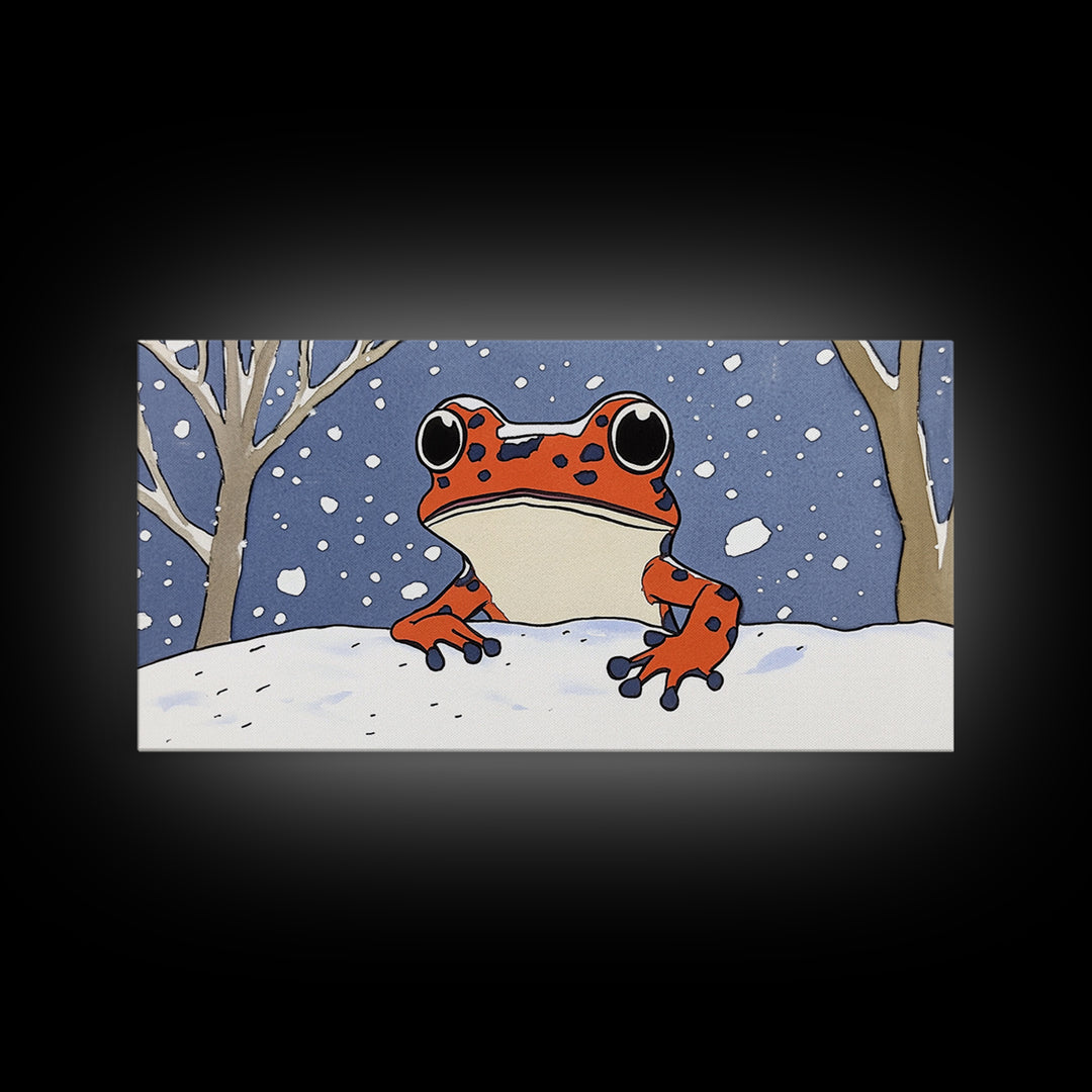 Orange Spotted Frog In Snowy Forest Wall Art, Whimsical Animal Print, Winter Nursery Decor, Cute Kids Room Canvas Art Housewarming Gift