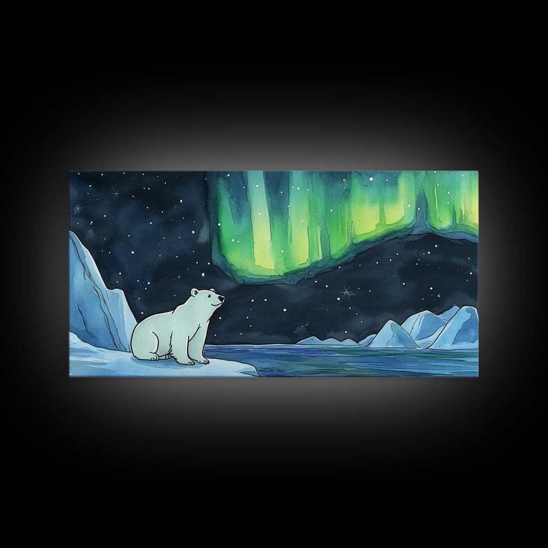Polar Bear Beneath Northern Lights Wall Art, Arctic Landscape Canvas Print, Wildlife Nursery Decor, Cozy Winter Housewarming Gift