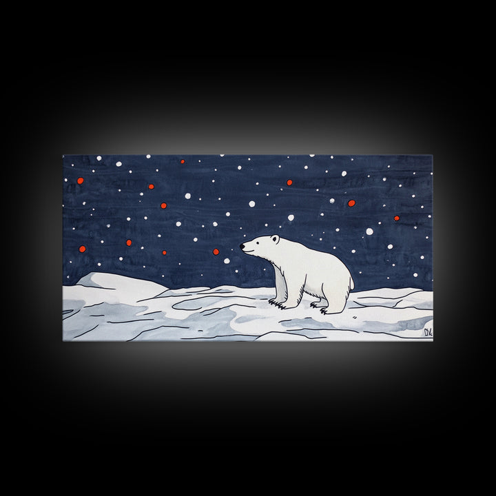 Minimal Polar Bear Snow Scene Wall Art, Arctic Wildlife Illustration, Kids Room Decor, Modern Nursery Canvas Print Gift Idea