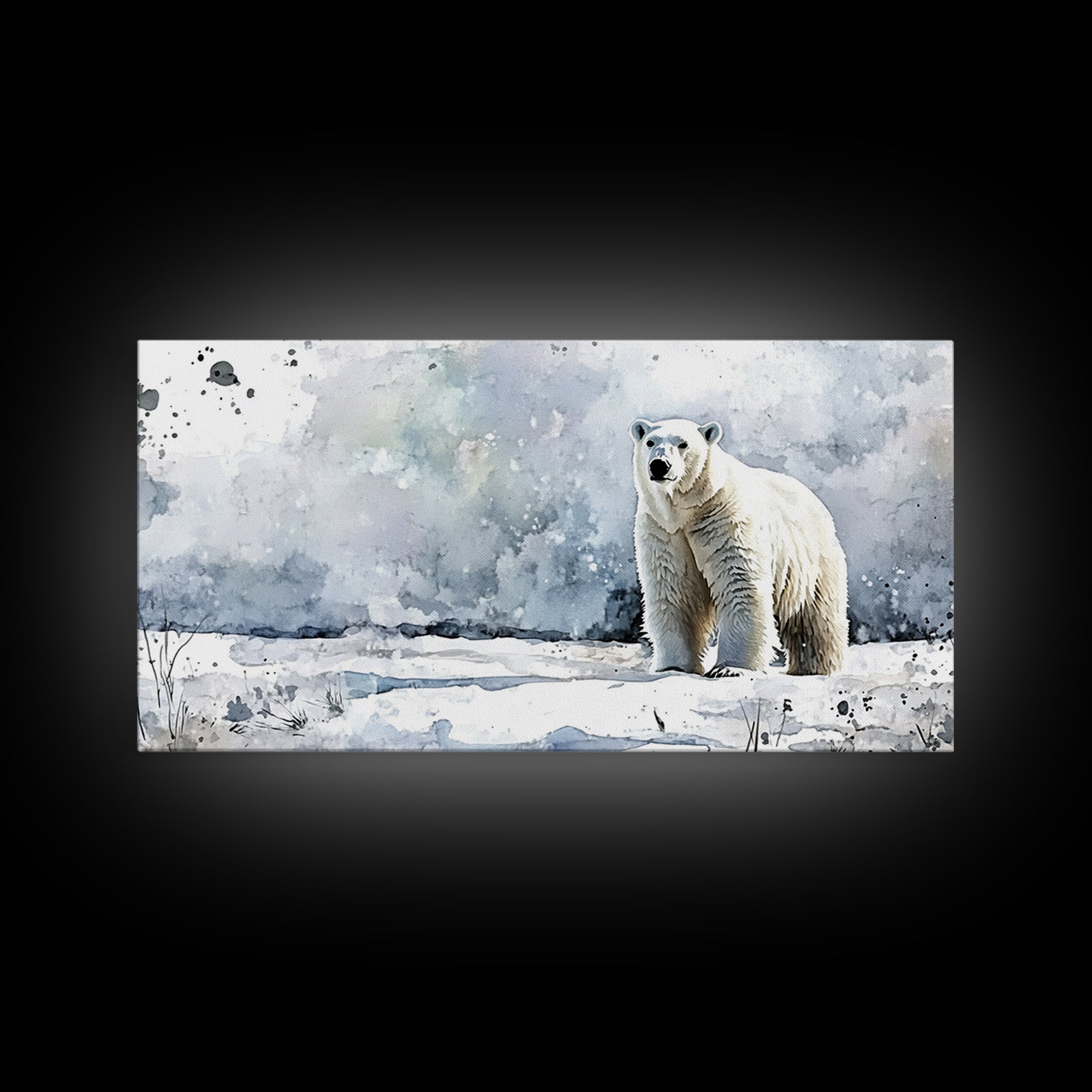 Standing Polar Bear In Snowy Tundra Wall Art, Watercolor Wildlife Print, Arctic Animal Decor, Large Canvas Housewarming Gift