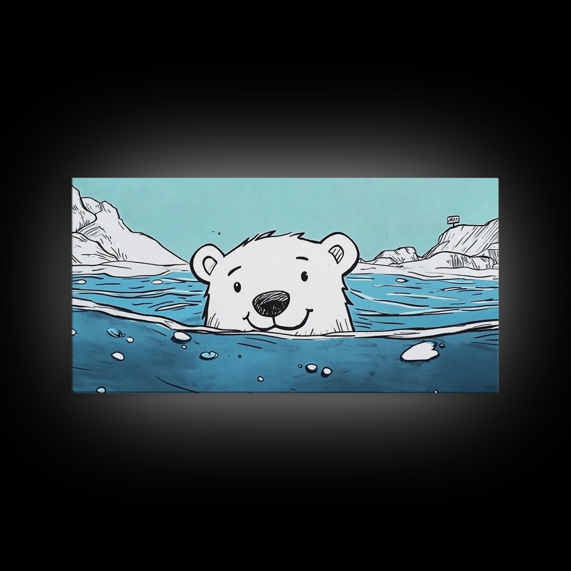 Smiling Polar Bear Swimming In Icy Sea Wall Art, Playful Arctic Animal Print, Ocean Nursery Decor, Kids Room Canvas Gift