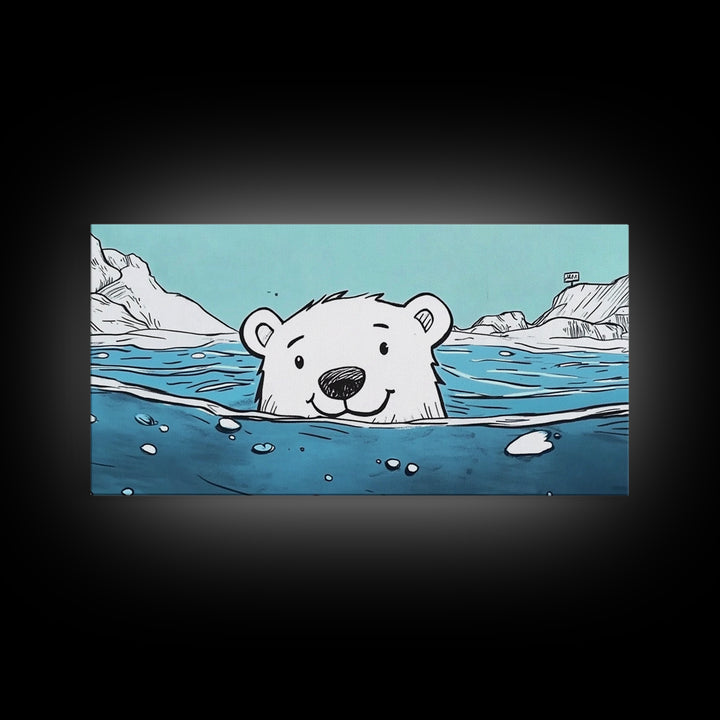 Smiling Polar Bear Swimming In Icy Sea Wall Art, Playful Arctic Animal Print, Ocean Nursery Decor, Kids Room Canvas Gift