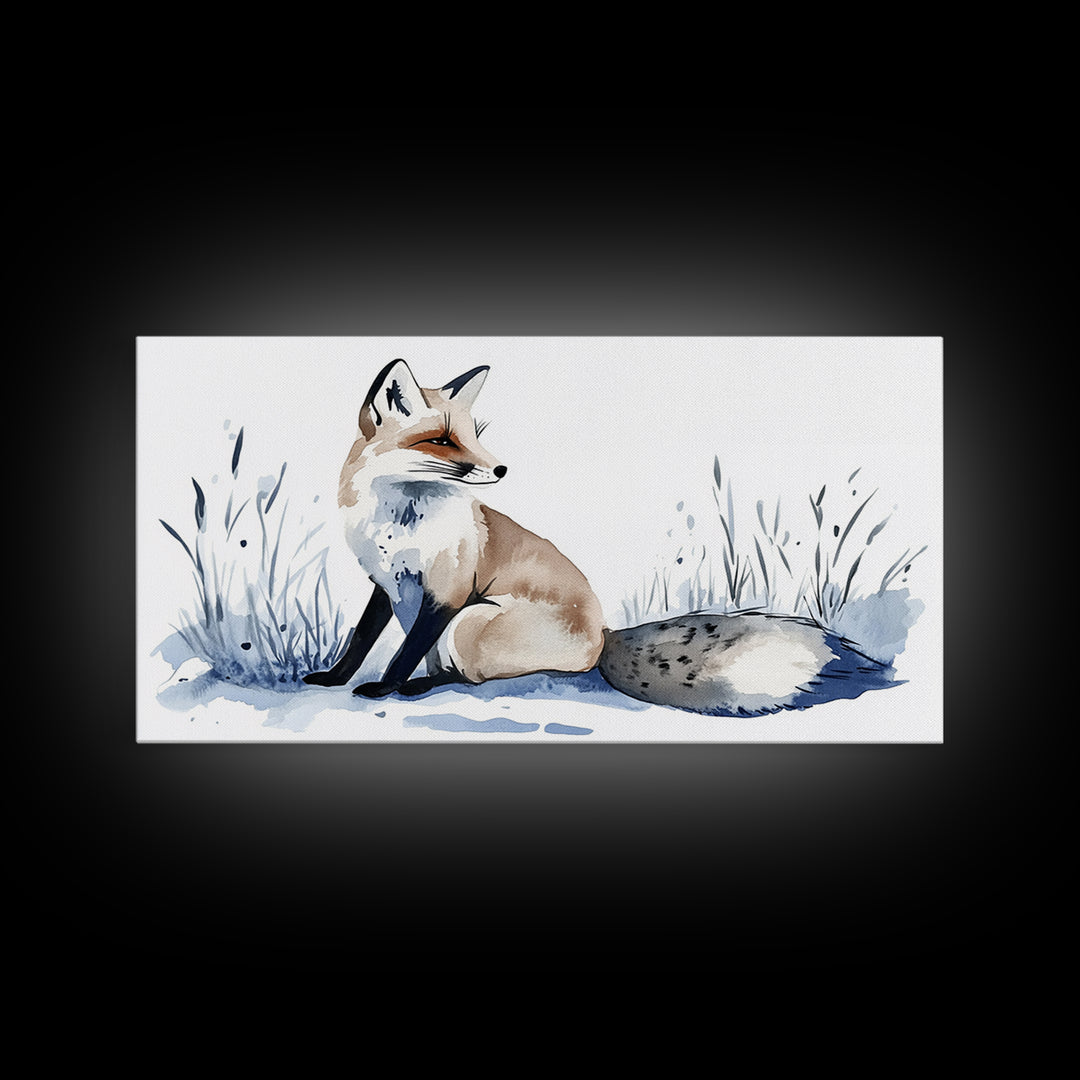 Sitting Fox In Frosted Grass Wall Art, Minimal Watercolor Wildlife Canvas Print, Neutral Nursery Decor, Animal Lover Gift
