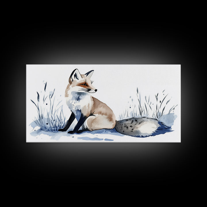 Sitting Fox In Frosted Grass Wall Art, Minimal Watercolor Wildlife Canvas Print, Neutral Nursery Decor, Animal Lover Gift