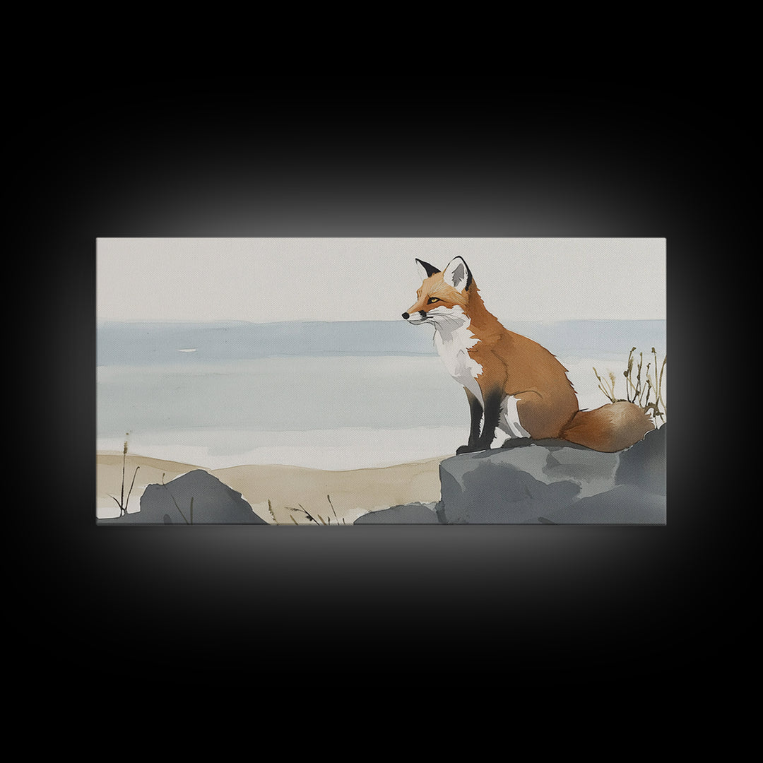 Coastal Fox On Ocean Rocks Wall Art, Minimal Watercolor Wildlife Canvas Print, Beach House Decor, Neutral Living Room Art