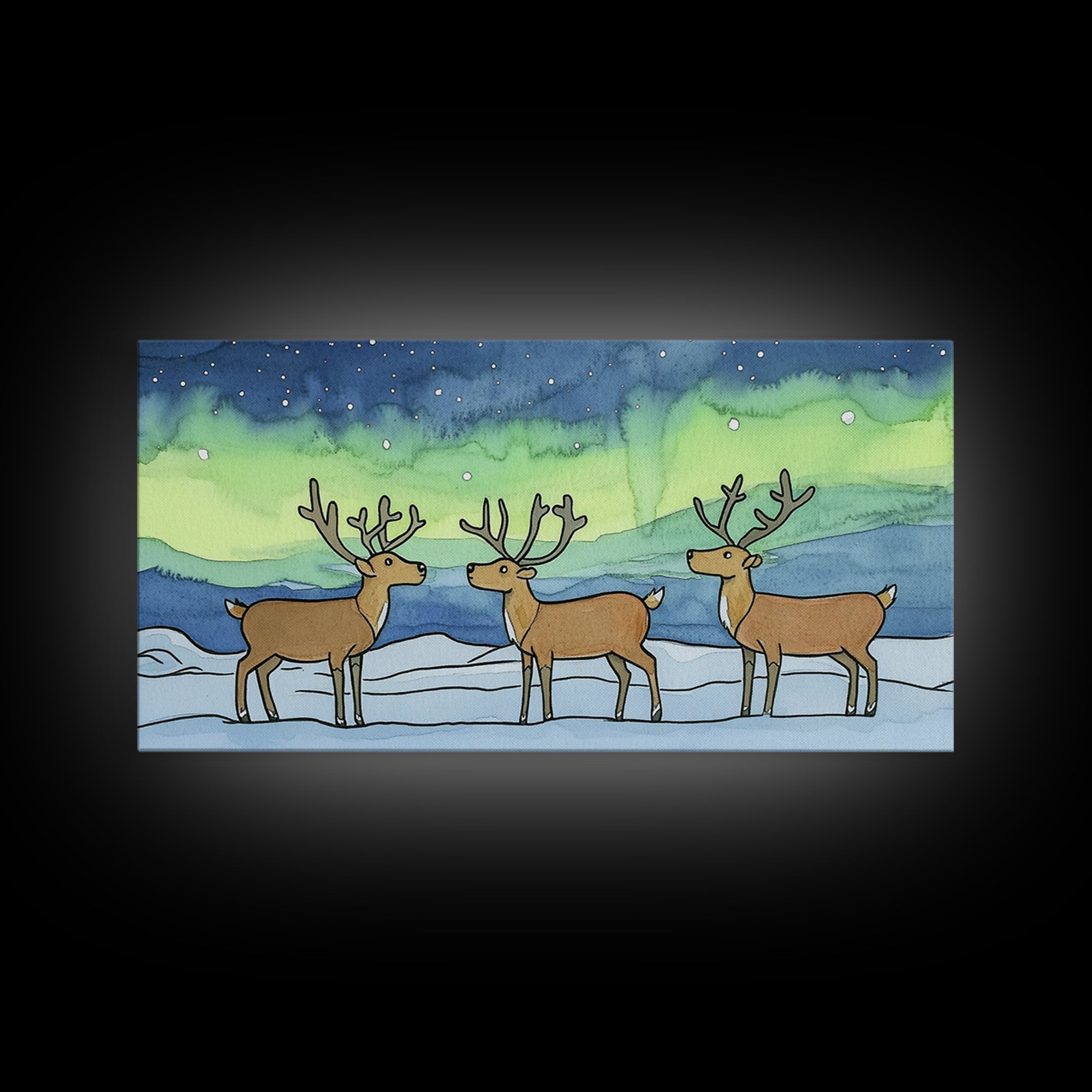 Three Reindeer Under Northern Lights Wall Art, Aurora Winter Landscape Print, Rustic Wildlife Decor, Cabin Christmas Gift