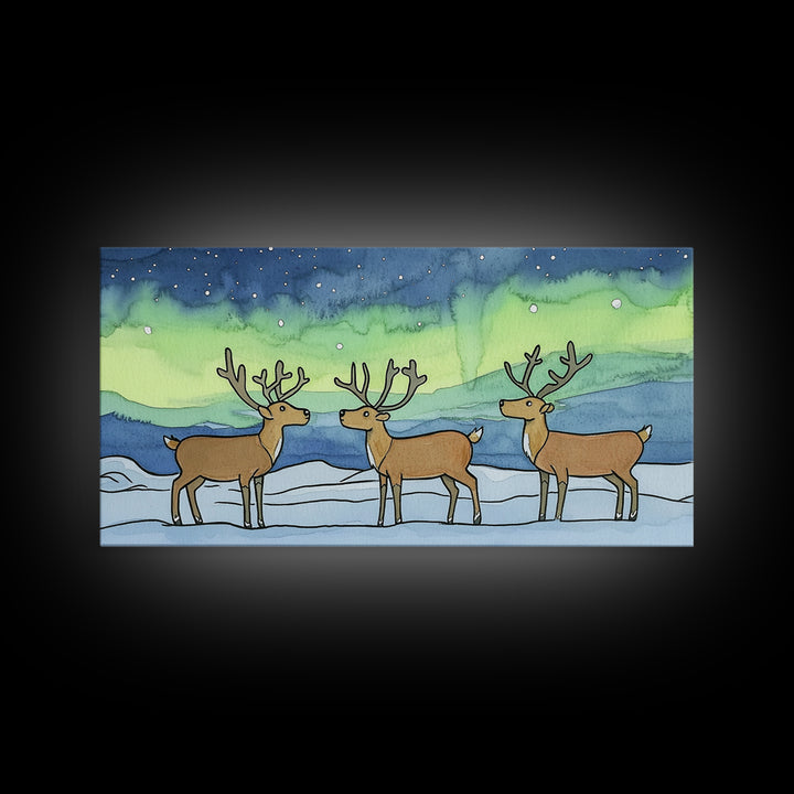Three Reindeer Under Northern Lights Wall Art, Aurora Winter Landscape Print, Rustic Wildlife Decor, Cabin Christmas Gift