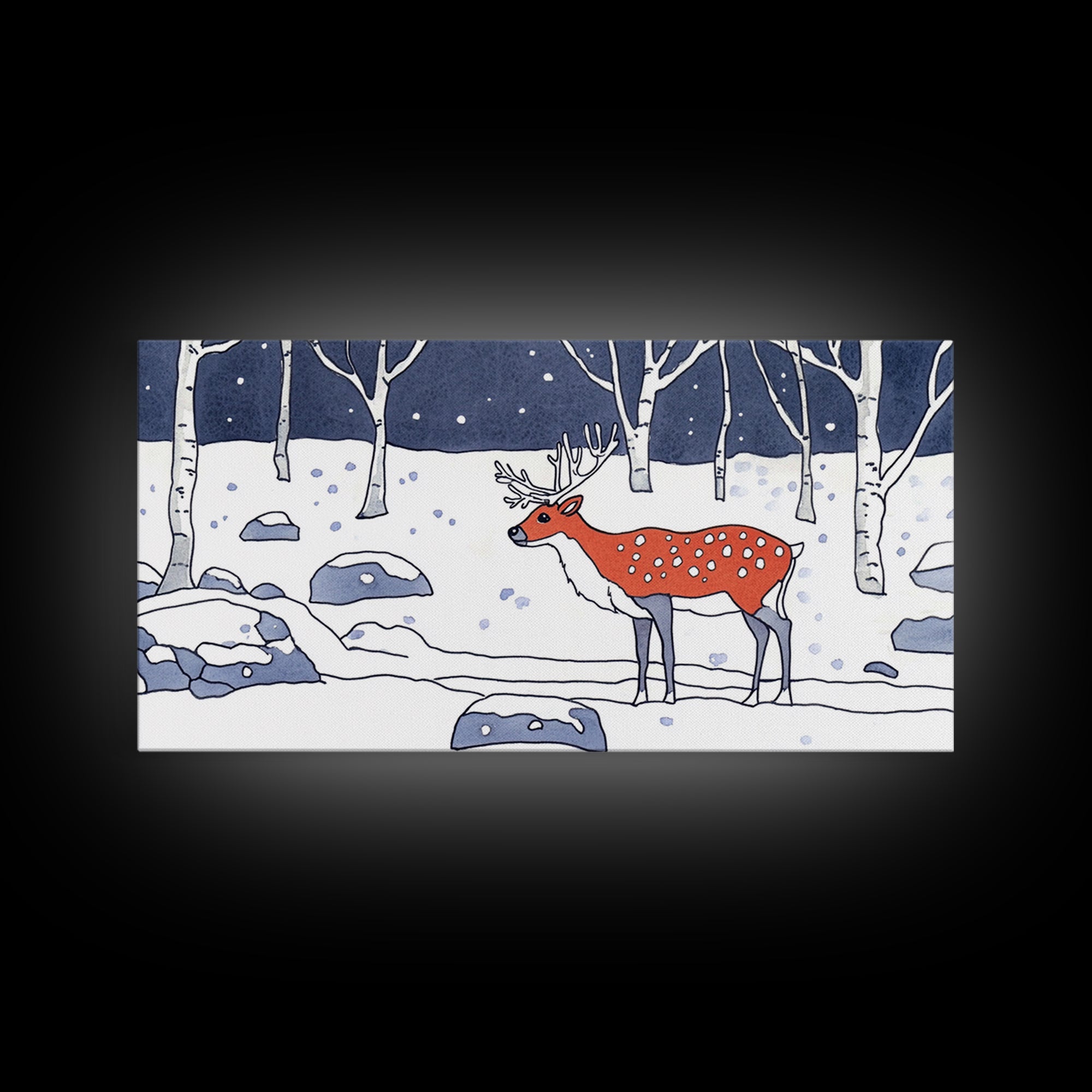 Red Deer In Snowy Birch Forest Canvas Print, Winter Wildlife Wall Art, Woodland Nursery Decor, Rustic Cabin Home Decor Gift