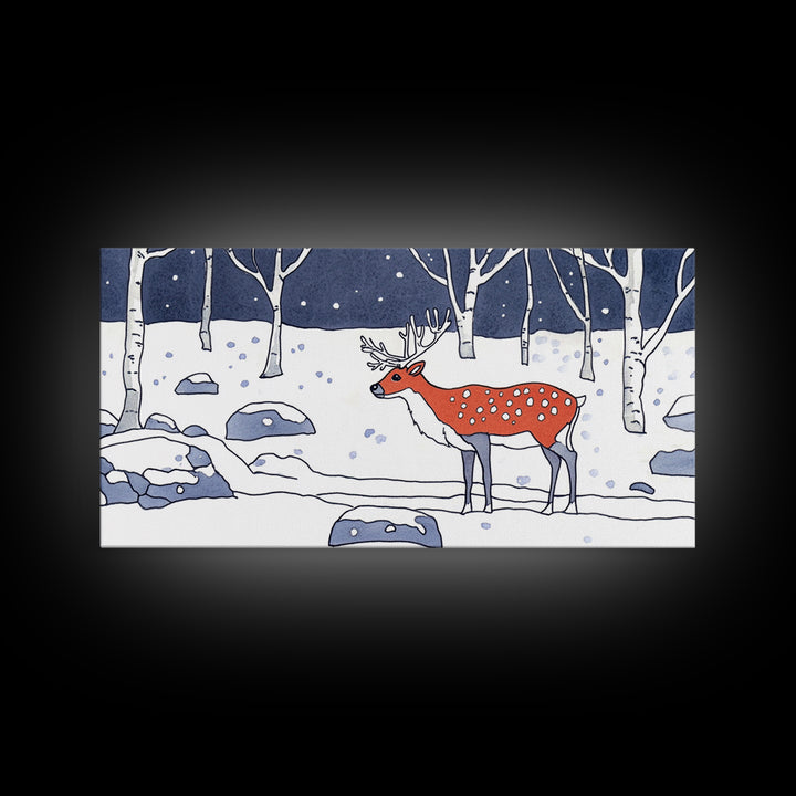 Red Deer In Snowy Birch Forest Canvas Print, Winter Wildlife Wall Art, Woodland Nursery Decor, Rustic Cabin Home Decor Gift