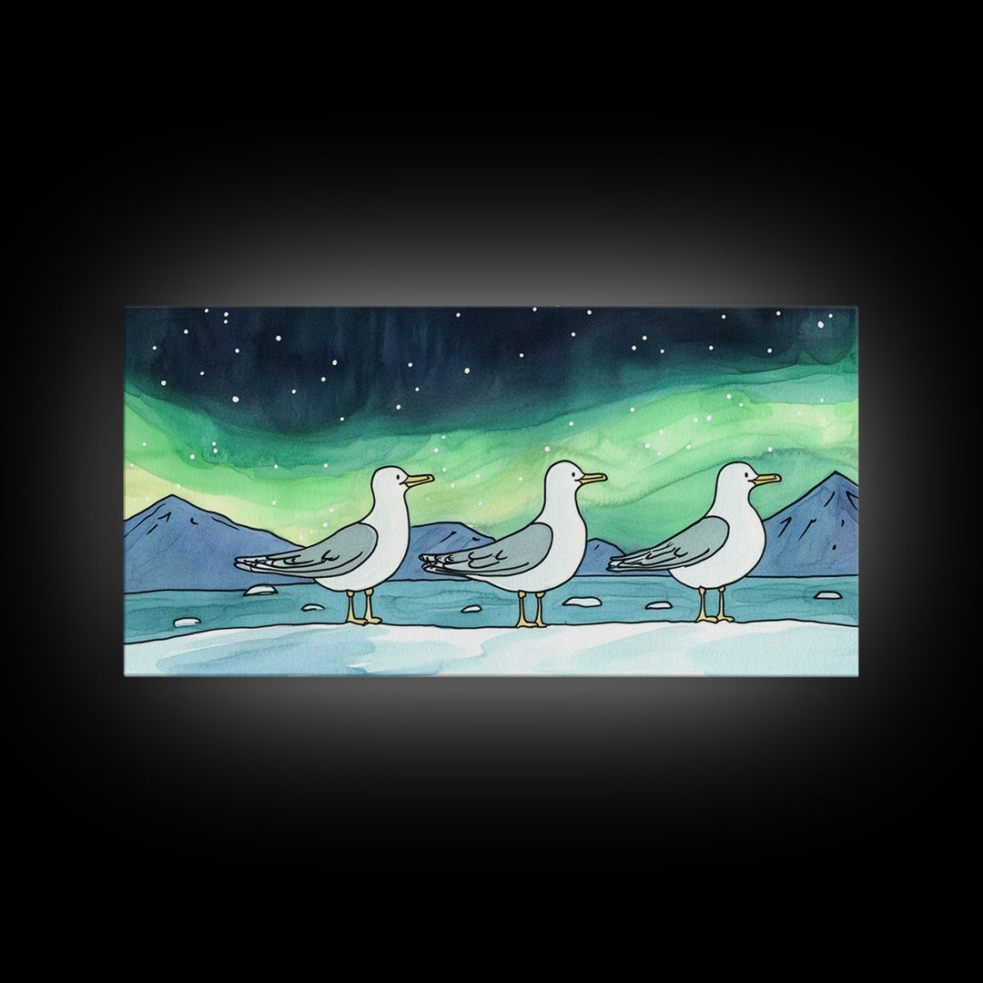 Three Seagulls Under Aurora Sky Wall Art, Winter Coastal Bird Canvas Print, Nautical Ocean Decor, Beach House Christmas Gift