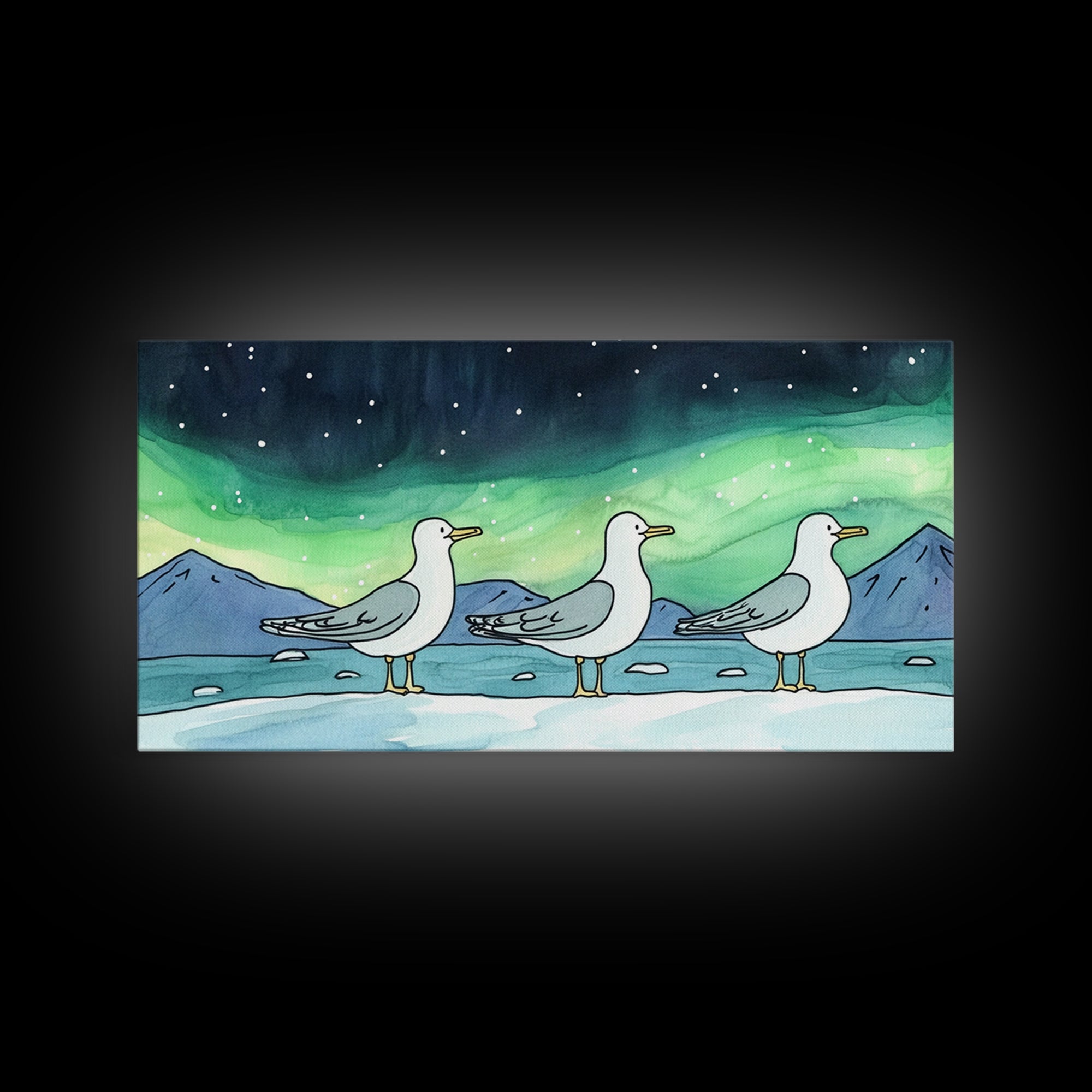 Three Seagulls Under Aurora Sky Wall Art, Winter Coastal Bird Canvas Print, Nautical Ocean Decor, Beach House Christmas Gift