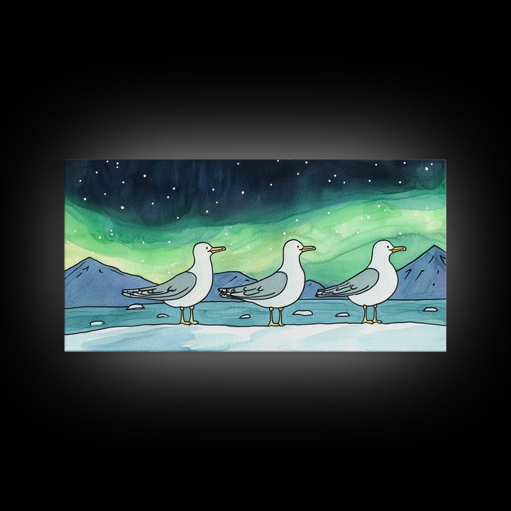 Three Seagulls Under Aurora Sky Wall Art, Winter Coastal Bird Canvas Print, Nautical Ocean Decor, Beach House Christmas Gift