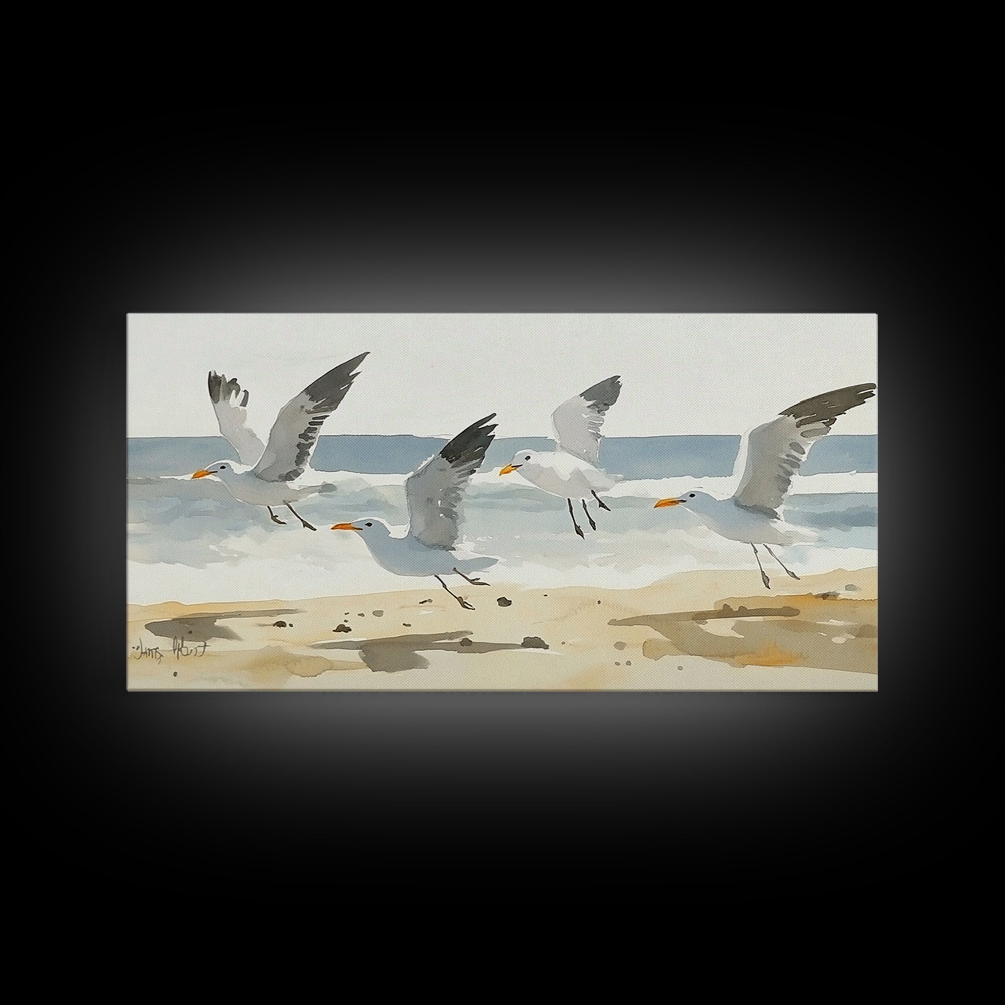 Flying Seagulls Over Sandy Watercolor Beach Wall Art, Coastal Ocean Canvas Print, Nautical Seascape Decor, Beach House Gift