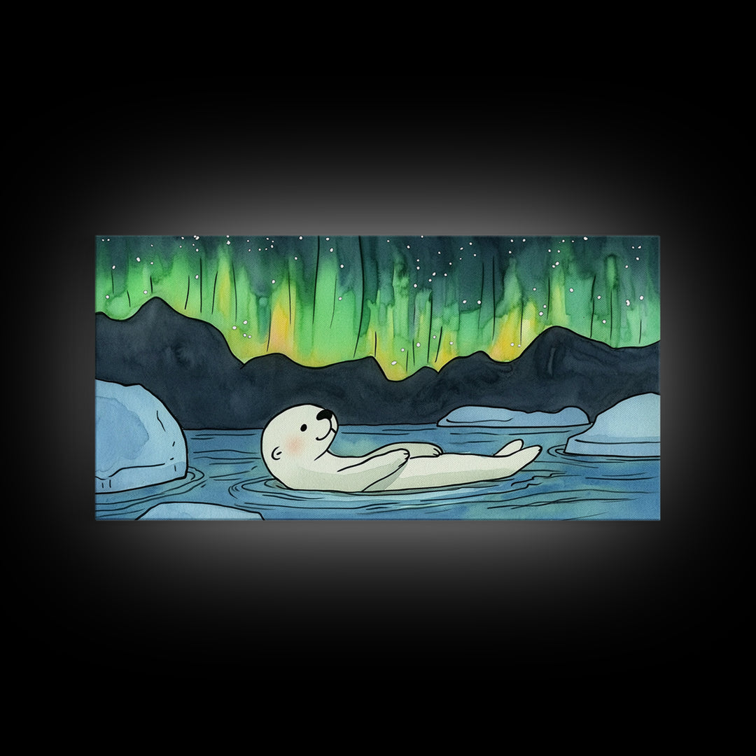 Polar Bear Floating Beneath Aurora Canvas Print, Arctic Wildlife Wall Art, Northern Lights Decor, Kids Room Animal Gift Print