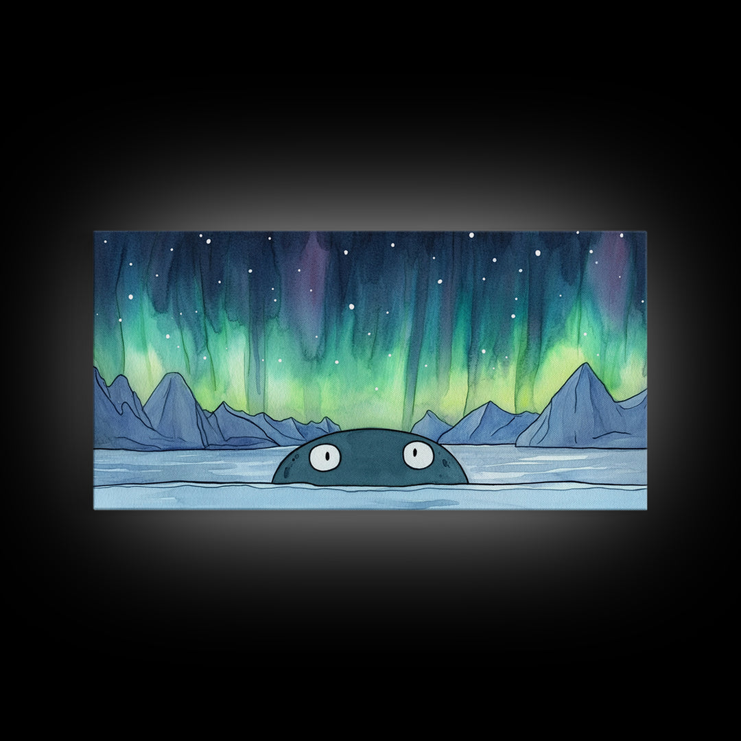 Whimsical Whale Peeking At Aurora Canvas Print, Northern Lights Wall Art, Arctic Ocean Decor, Kids Room Animal Gift For Nursery