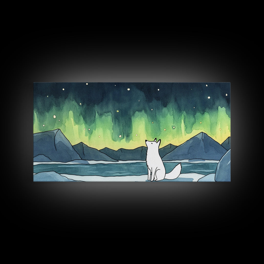 White Arctic Fox Watching Aurora Canvas Print, Northern Lights Wall Art, Winter Landscape Decor, Nature Lover Gift For Her