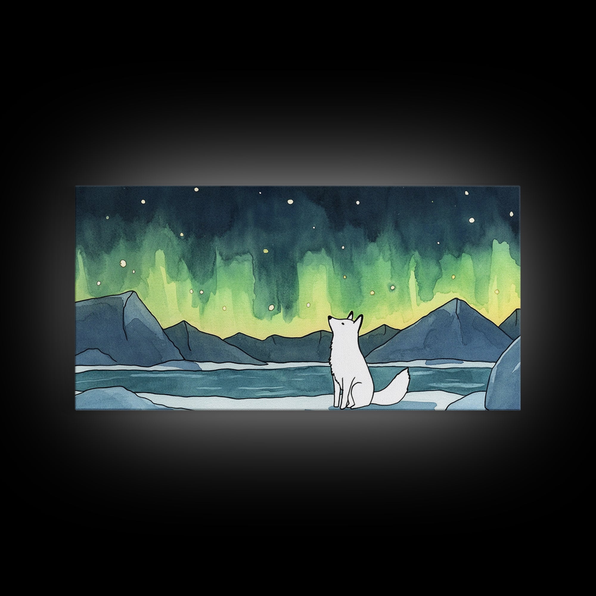 White Arctic Fox Watching Aurora Canvas Print, Northern Lights Wall Art, Winter Landscape Decor, Nature Lover Gift For Her