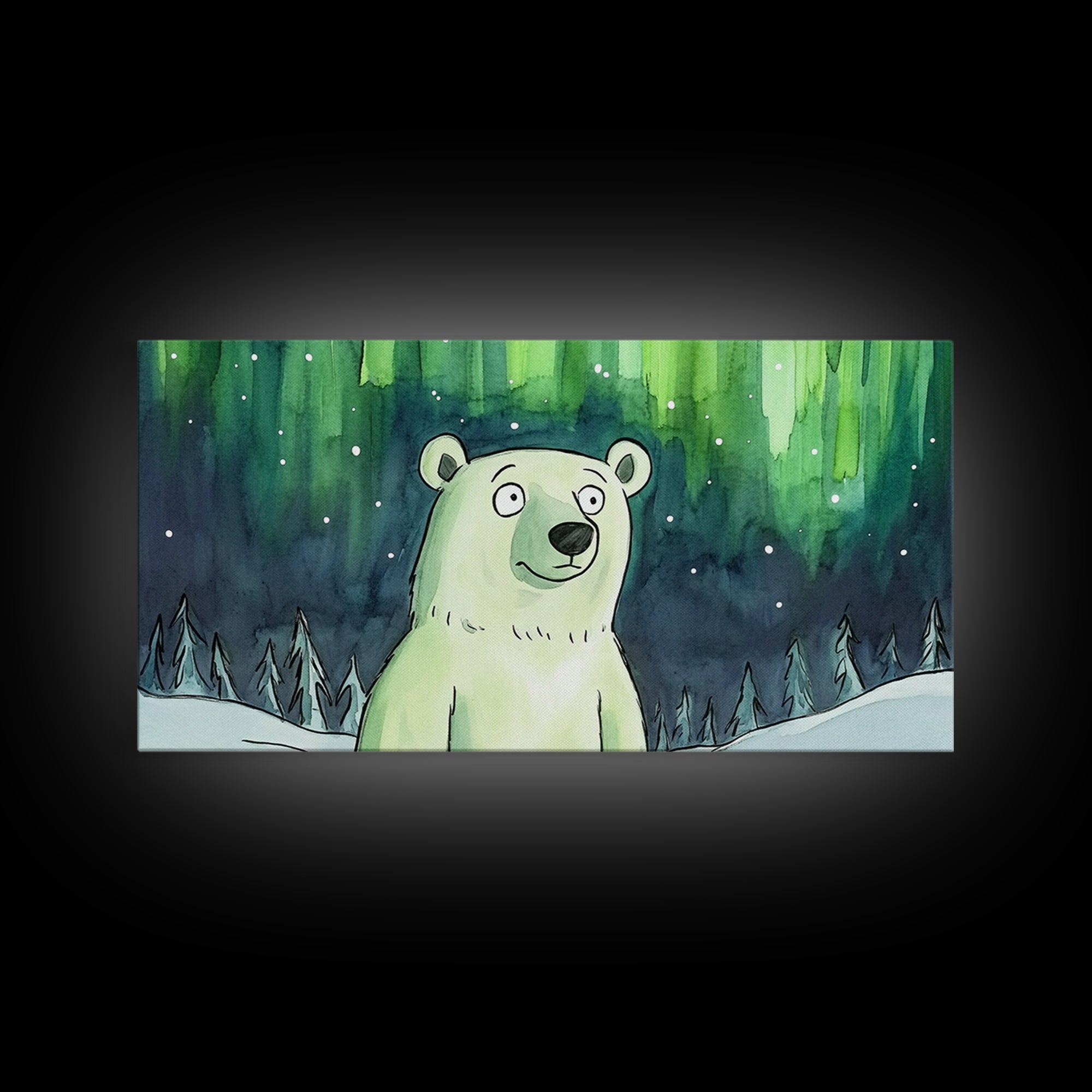 Polar Bear Under Northern Lights Canvas Print, Whimsical Winter Wall Art, Kids Room Decor, Nursery Animal Art Gift For Baby Bedroom