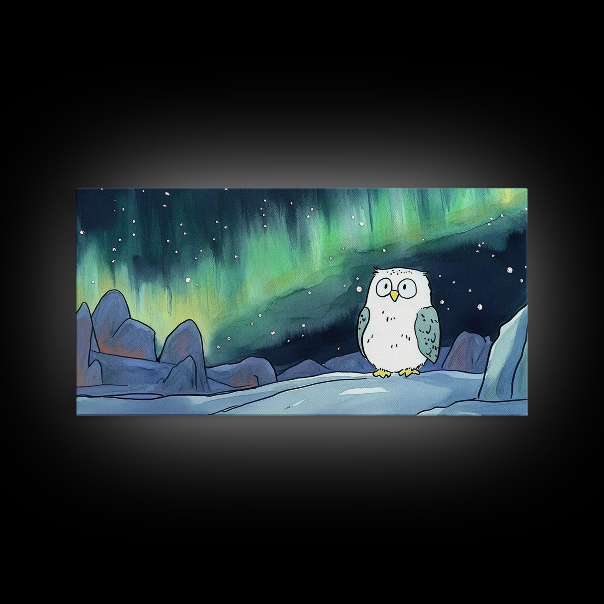 Snowy Owl Beneath Aurora Mountains Canvas Print, Northern Lights Wall Art, Whimsical Animal Art, Kids Room Decor Gift For Her