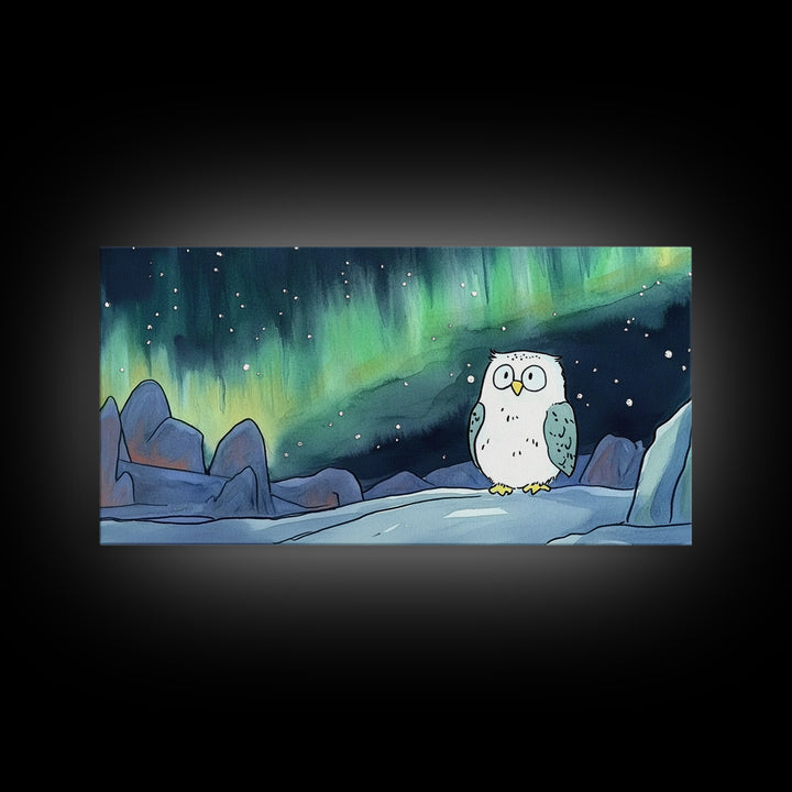 Snowy Owl Beneath Aurora Mountains Canvas Print, Northern Lights Wall Art, Whimsical Animal Art, Kids Room Decor Gift For Her