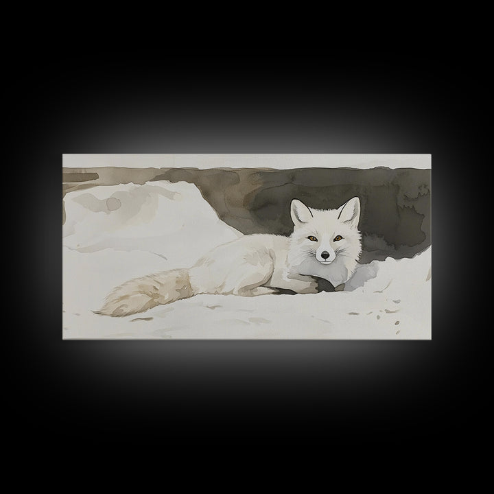 White Arctic Fox In Snow Canvas Print, Neutral Winter Wildlife Wall Art, Nursery Animal Art, Scandinavian Bedroom Decor Gift