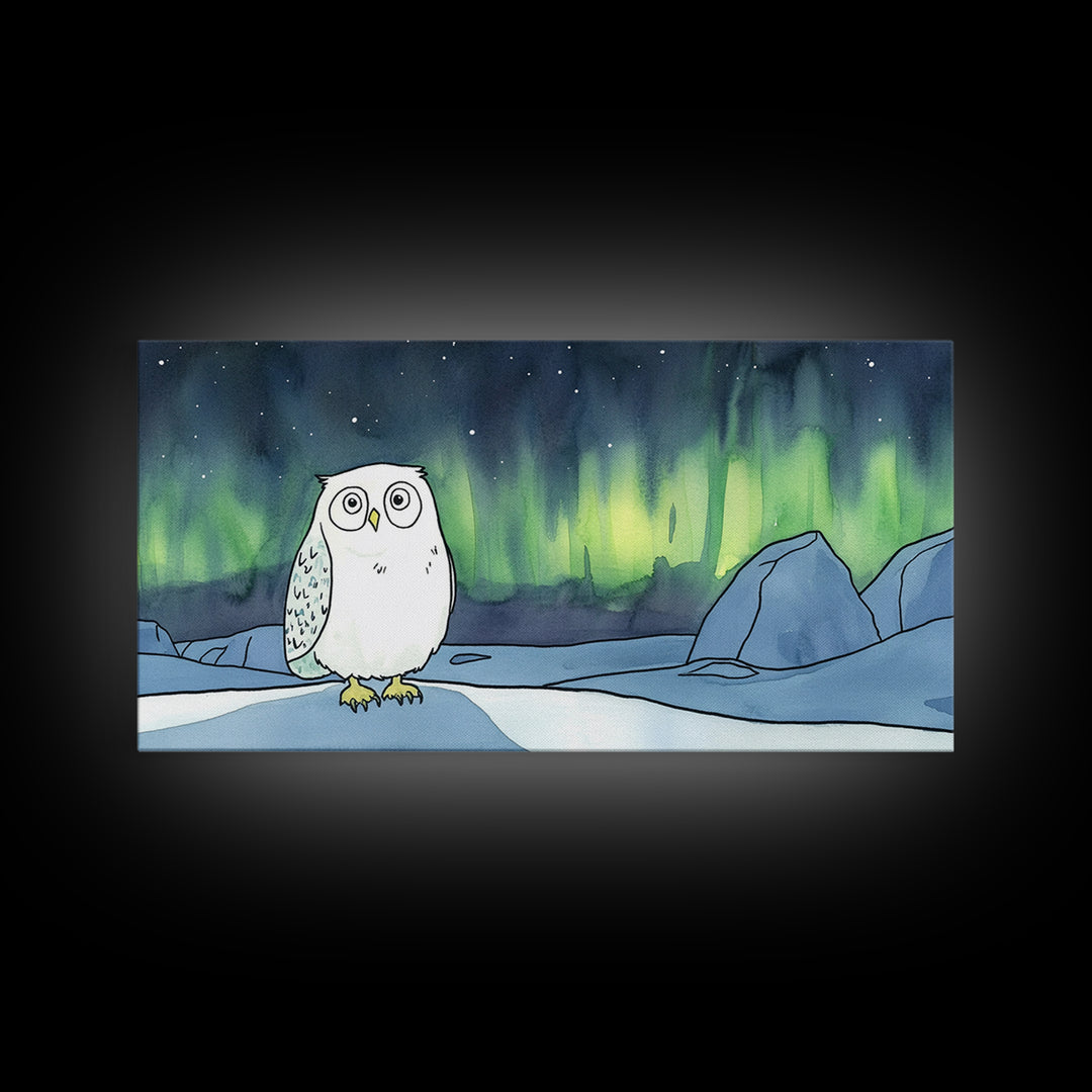 Wide Eyed Snowy Owl Aurora Canvas Print, Northern Lights Wall Art, Whimsical Animal Art, Kids Room Decor Gift For Baby Bedroom