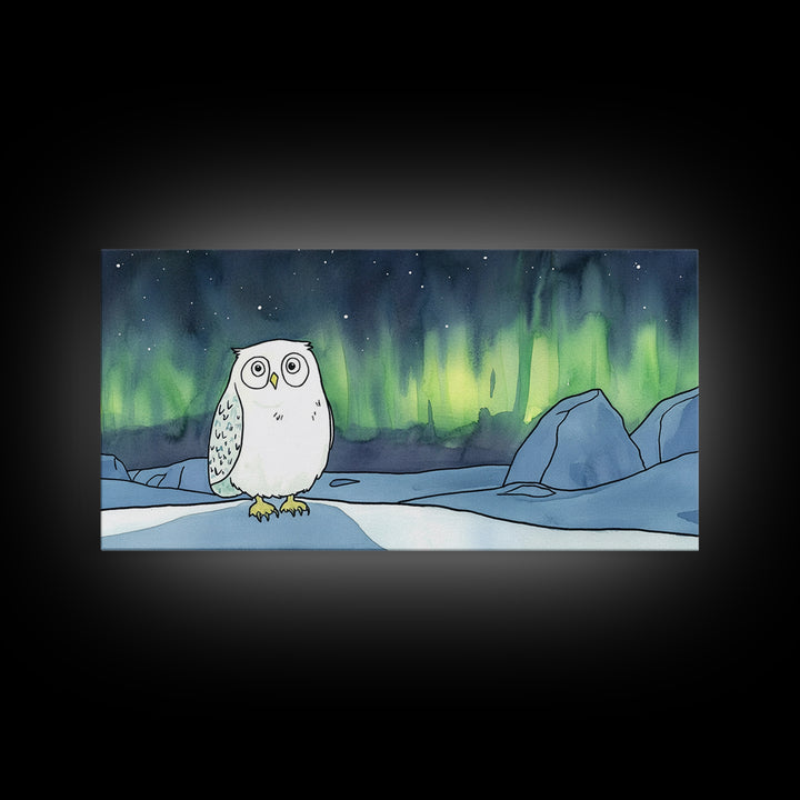 Wide Eyed Snowy Owl Aurora Canvas Print, Northern Lights Wall Art, Whimsical Animal Art, Kids Room Decor Gift For Baby Bedroom