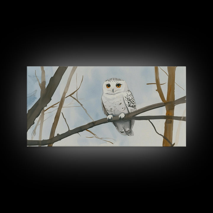 Snowy Owl On Winter Branch Canvas Print, Woodland Wildlife Wall Art, Neutral Nursery Animal Art, Scandinavian Office Decor