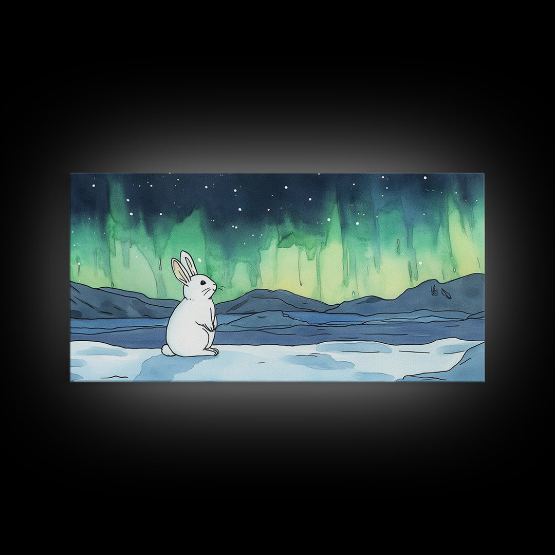 White Rabbit Watching Aurora Canvas Print, Northern Lights Wall Art, Whimsical Animal Art, Nursery Decor Gift For Kids Room