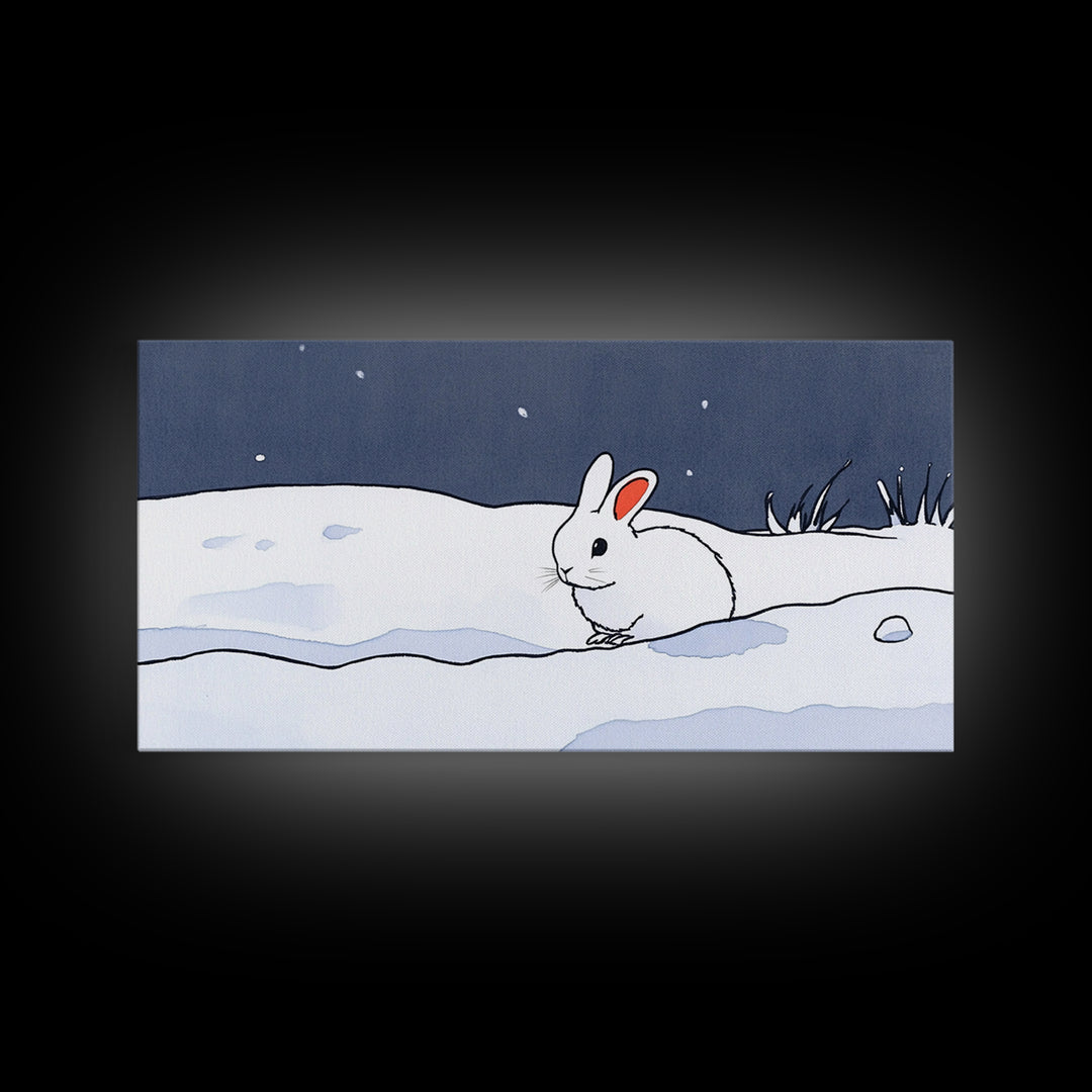 Little White Rabbit In Snow Canvas Print, Minimal Winter Wall Art, Nursery Animal Art, Scandinavian Kids Room Decor Gift