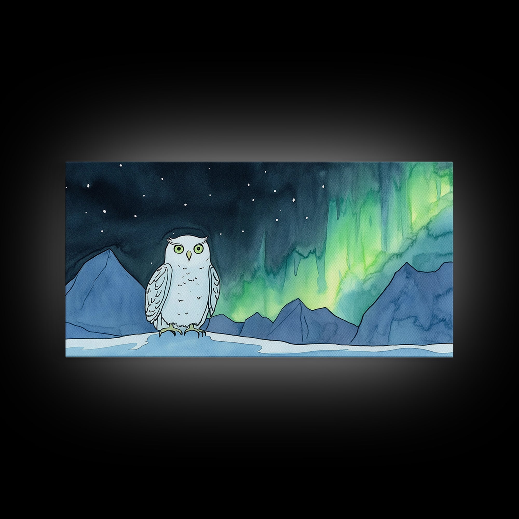 Snowy Owl Northern Lights Canvas Print, Aurora Mountain Wall Art, Whimsical Wildlife Art, Nursery Kids Room Decor Gift For Her