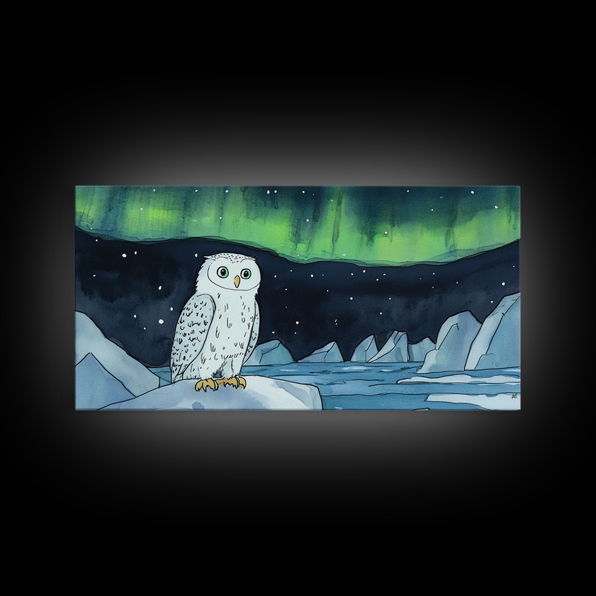 Snowy Owl Under Northern Lights Framed Canvas Print, Aurora Borealis Wall Decor, Arctic Wildlife Nursery Or Cabin Art Gift