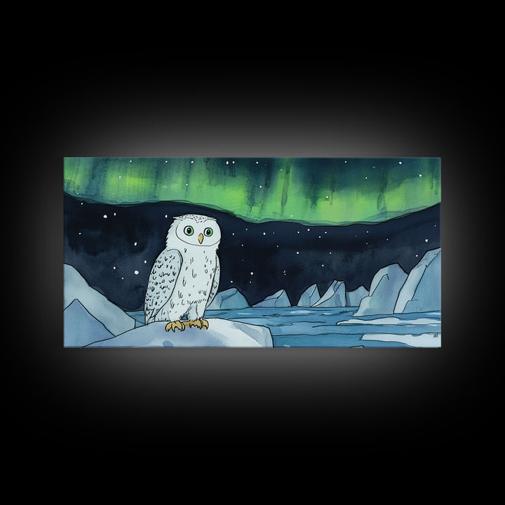 Snowy Owl Under Northern Lights Framed Canvas Print, Aurora Borealis Wall Decor, Arctic Wildlife Nursery Or Cabin Art Gift