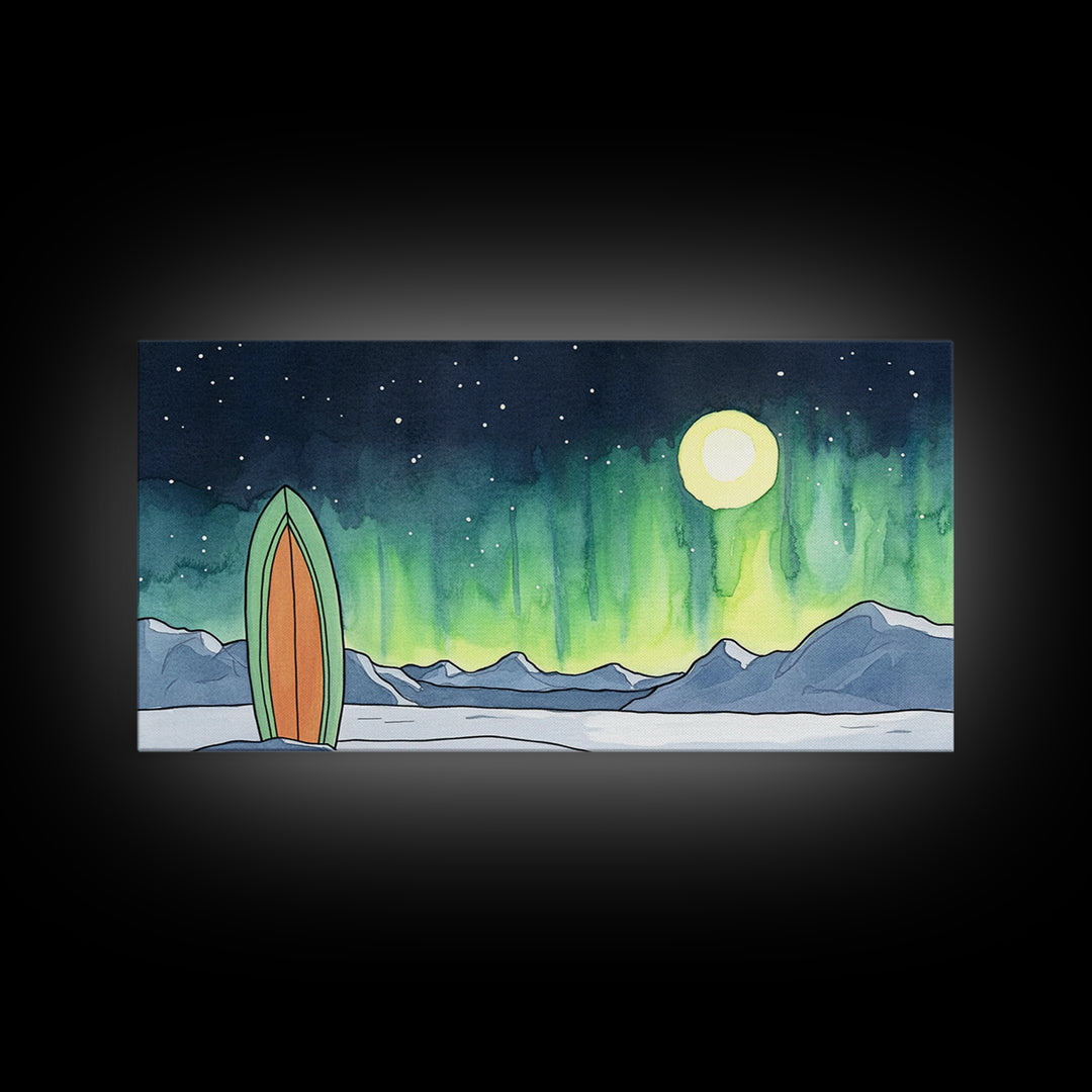 Surfboard Under Northern Lights Framed Canvas Print, Aurora Mountain Wall Art, Coastal Adventure Decor For Bedroom Or Beach House Decor