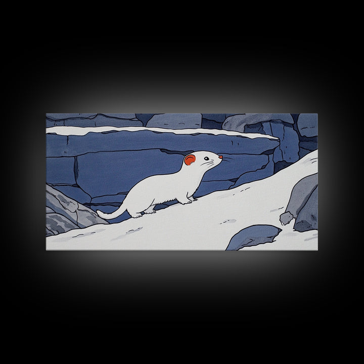 White Weasel On Snowy Rocks Canvas Print, Arctic Animal Wall Decor, Winter Wildlife Art Print, Rustic Nursery Home Decor