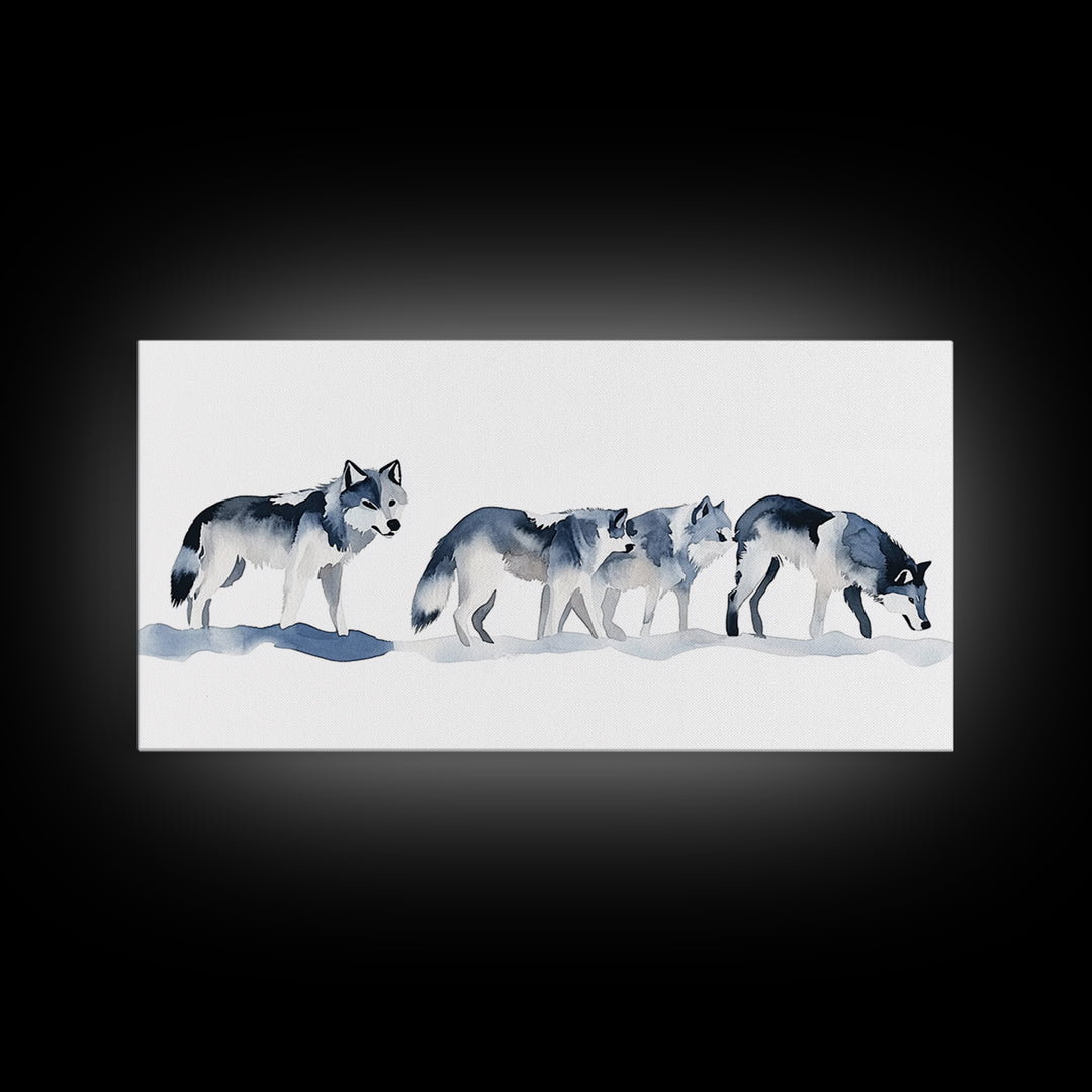 Walking Wolf Pack In Snow Framed Canvas Print, Watercolor Wildlife Wall Art, Rustic Cabin Decor, Winter Animal Art Print