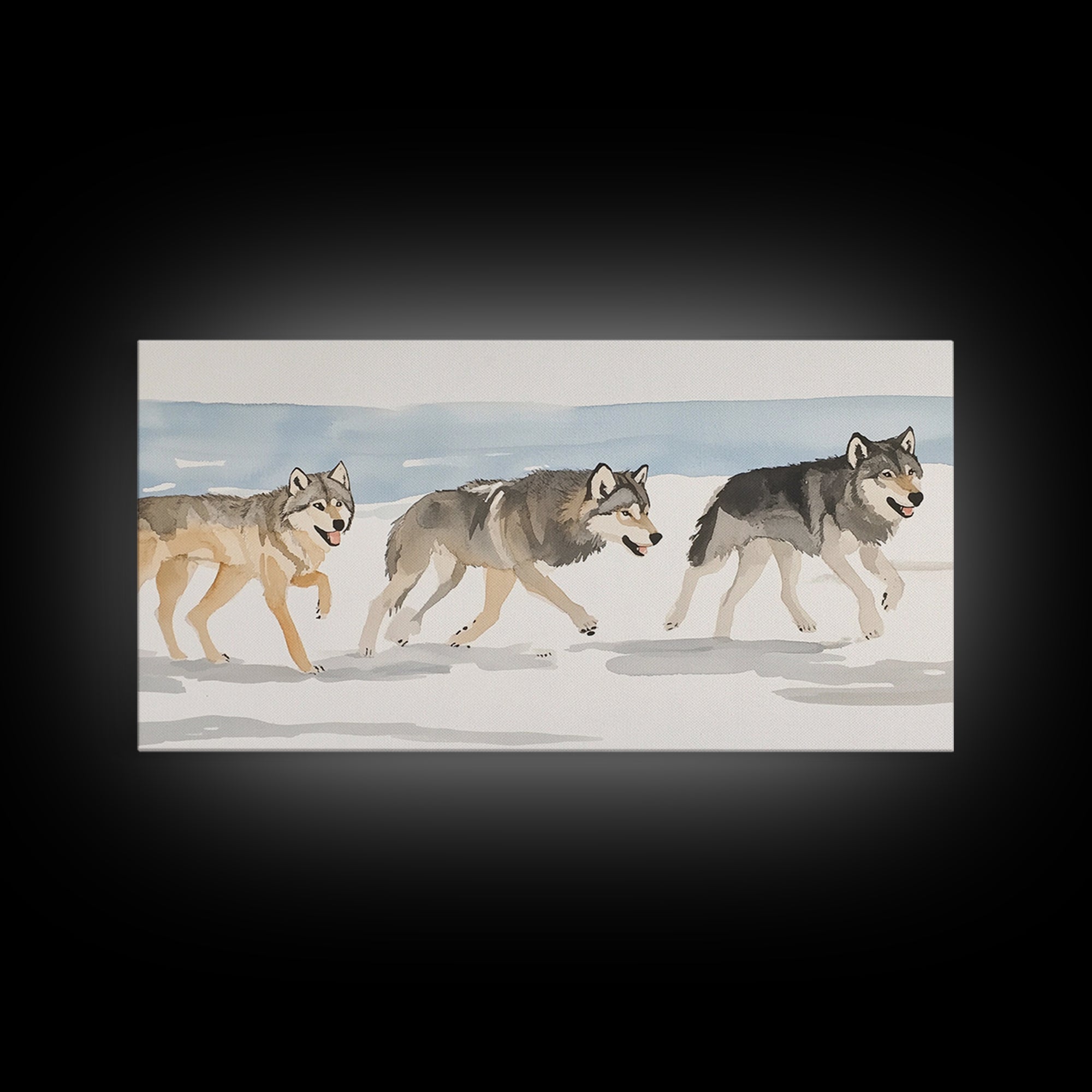 Three Running Wolves In Snow, Framed Canvas Print, Wildlife Wall Art, Rustic Cabin Decor, Winter Landscape, Gift For Him