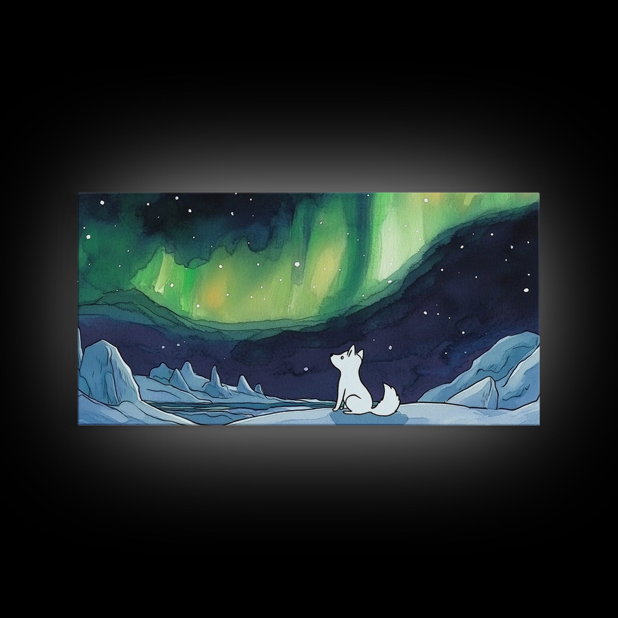 White Arctic Fox Under Northern Lights, Wall Art, Celestial Winter Landscape, Whimsical Nursery Decor, Aurora Canvas Print