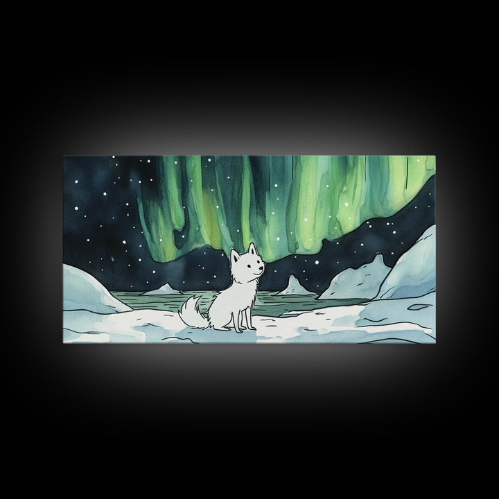 Sitting White Fox With Aurora Sky, Framed Canvas Print, Celestial Wall Art, Winter Nursery Decor, Whimsical Gift For Her