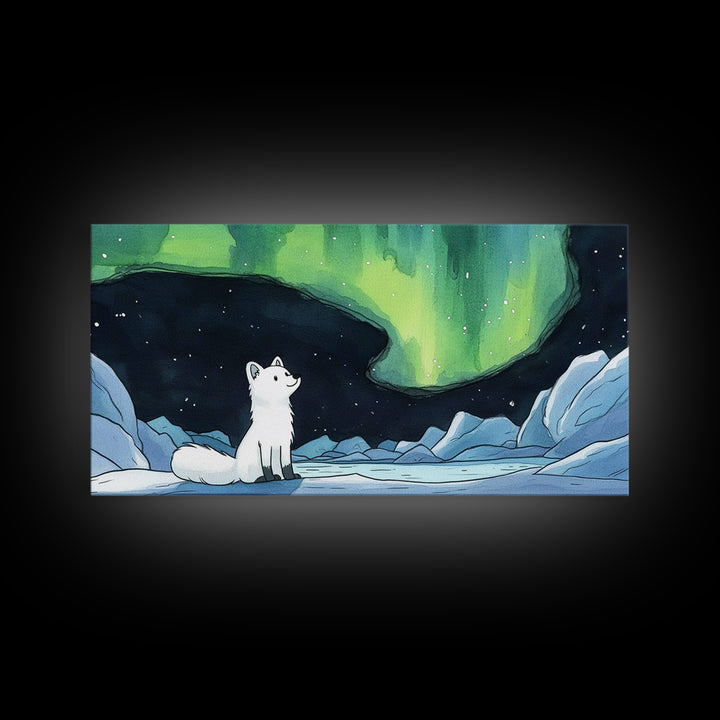 Arctic Fox Watching Green Aurora, Canvas Print, Celestial Wall Art, Icy Winter Landscape, Calming Bedroom Decor Gift For Her