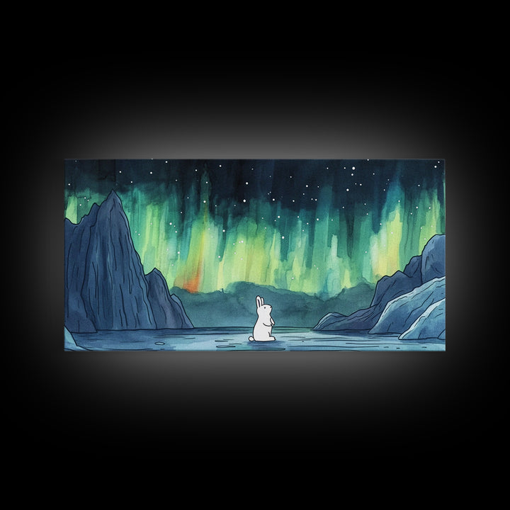 White Arctic Hare Under Aurora, Panoramic Wall Art, Celestial Winter Landscape, Whimsical Nursery Decor, Nature Canvas Print