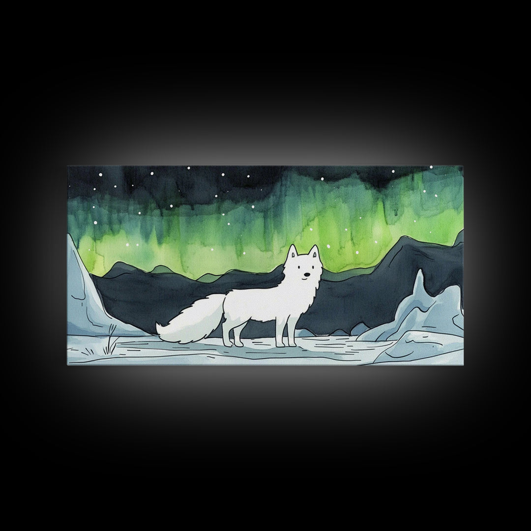 Standing White Arctic Fox With Northern Lights, Wall Art, Celestial Winter Landscape, Wildlife Canvas Print, Cozy Home Decor