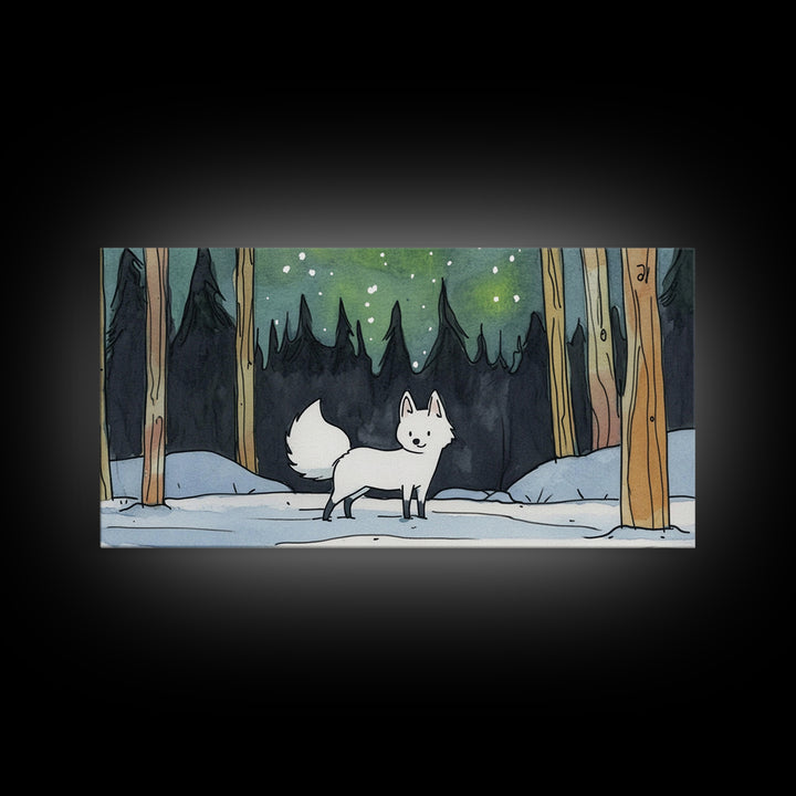 White Fox In Snowy Pine Forest, Framed Canvas Print, Nordic Winter Wall Art, Woodland Nursery Decor, Whimsical Gift For Her