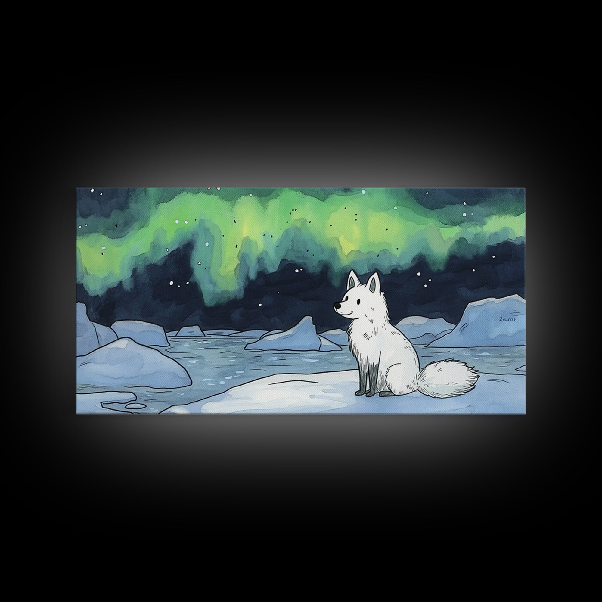 Sitting Arctic Fox On Ice Under Aurora, Canvas Print, Celestial Wall Art, Winter Coastal Decor, Calming Wildlife Gift For Her
