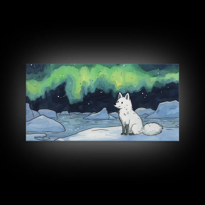 Sitting Arctic Fox On Ice Under Aurora, Canvas Print, Celestial Wall Art, Winter Coastal Decor, Calming Wildlife Gift For Her